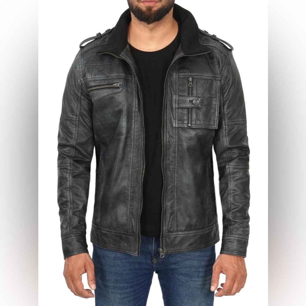 👑 Tavares Black Mens Waxed Cafe Racer Leather Jacket